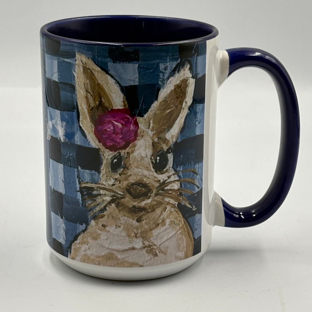Local Artist Bunny Rabbit Coffee Mug Original Art Flower Plaid Blue Purple